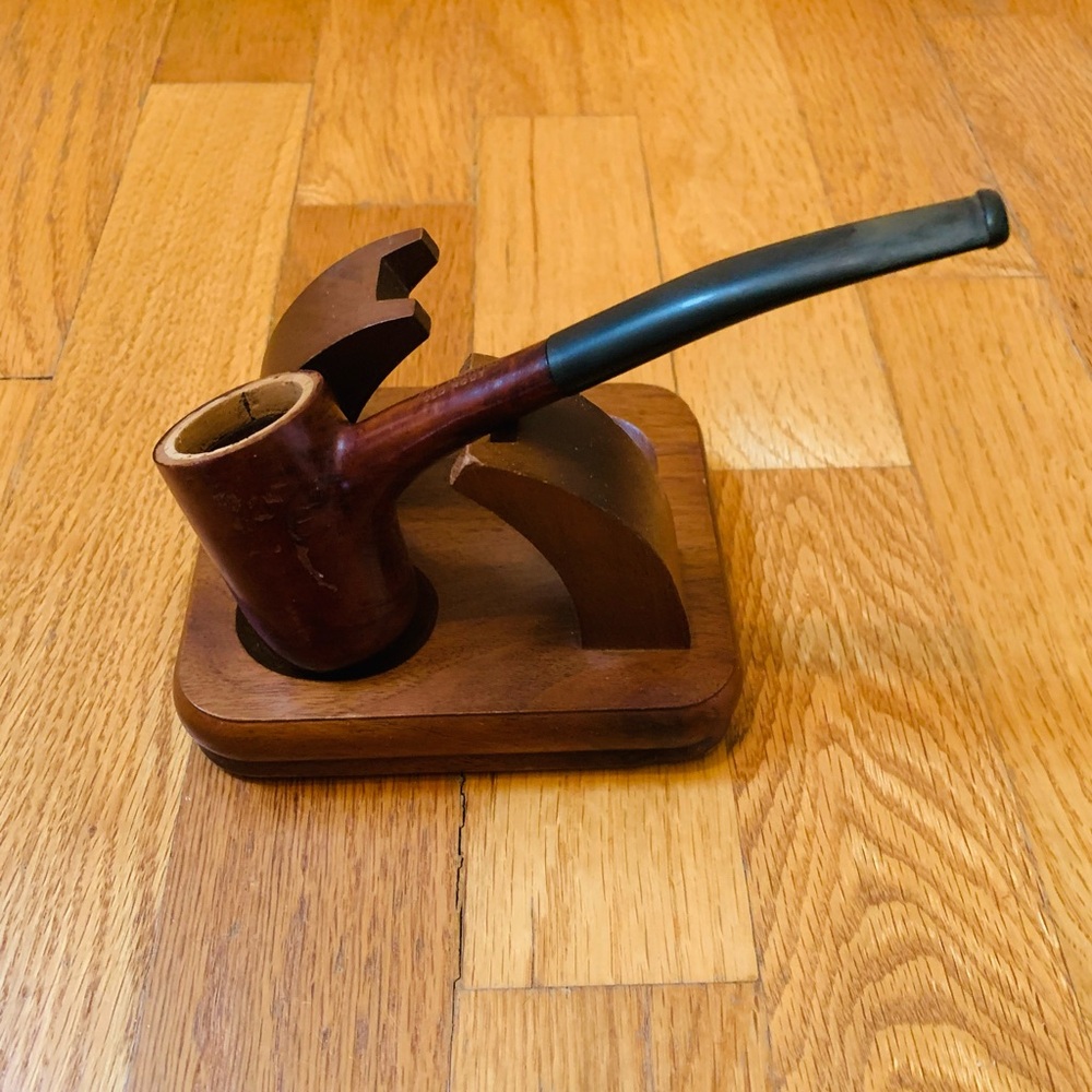 Vintage Wooden Tobacco Pipe and 2 Pipe Stand , Capt. Warren Old Root Briar Wood